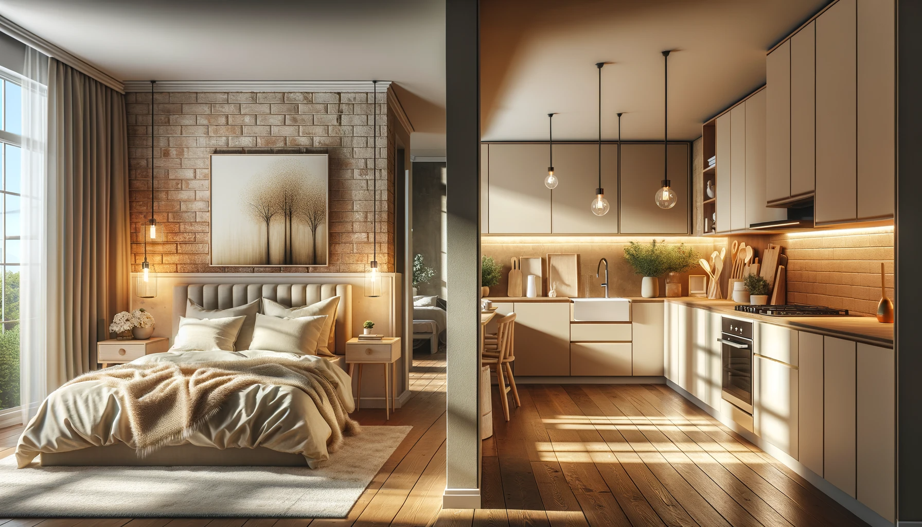 DALL·E 2023-12-11 14.42.47 - An elegant and contemporary bedroom that seamlessly transitions into an open-concept kitchen. The bedroom has plush cream-colored bedding and soft lig moose jaw interior photos